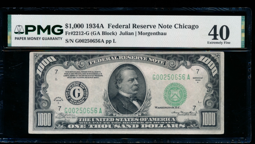 Fr. 2212-G 1934A $1,000  Federal Reserve Note Chicago PMG 40 G00250656A