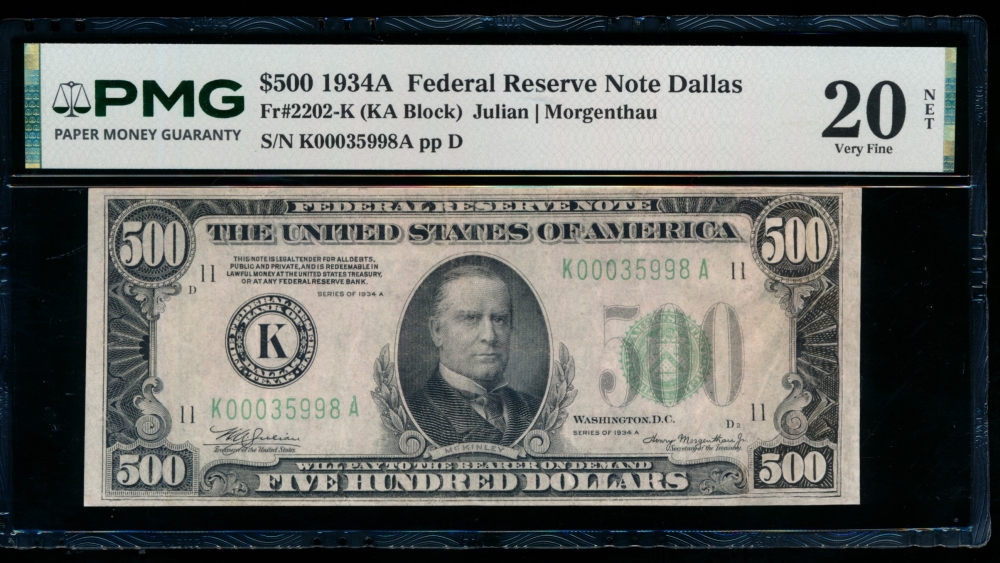 Fr. 2202-K 1934A $500  Federal Reserve Note Dallas PMG 20NET K00035998A