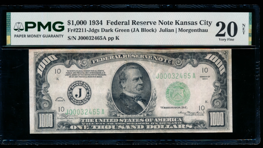 Fr. 2211-J 1934 $1,000  Federal Reserve Note Kansas City PMG 20NET J00032465A