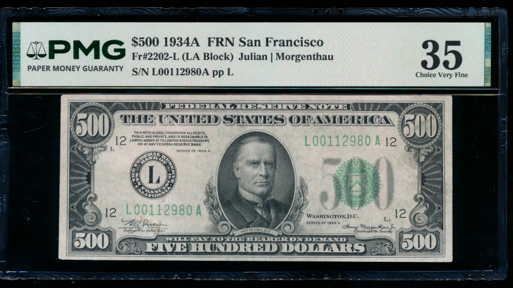 Fr. 2202-L 1934A $500  Federal Reserve Note San Francisco PMG 35 comment L00112980A