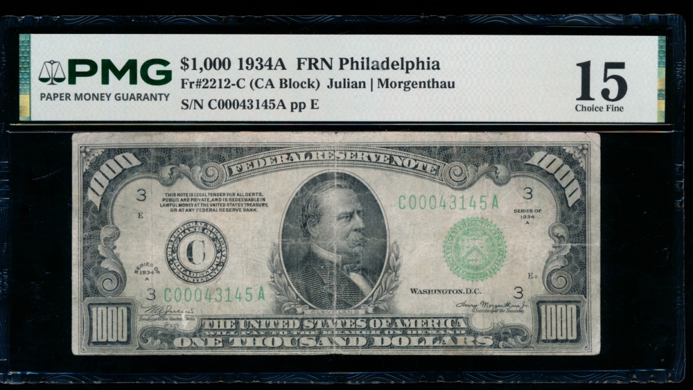 Fr. 2212-C 1934A $1,000  Federal Reserve Note Philadelphia PMG 15 comment C00043145A