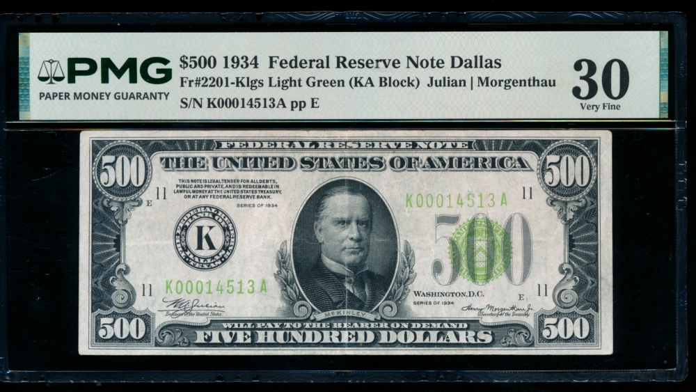 Fr. 2201-K 1934 $500  Federal Reserve Note Dallas LGS PMG 30 comment K00014513A