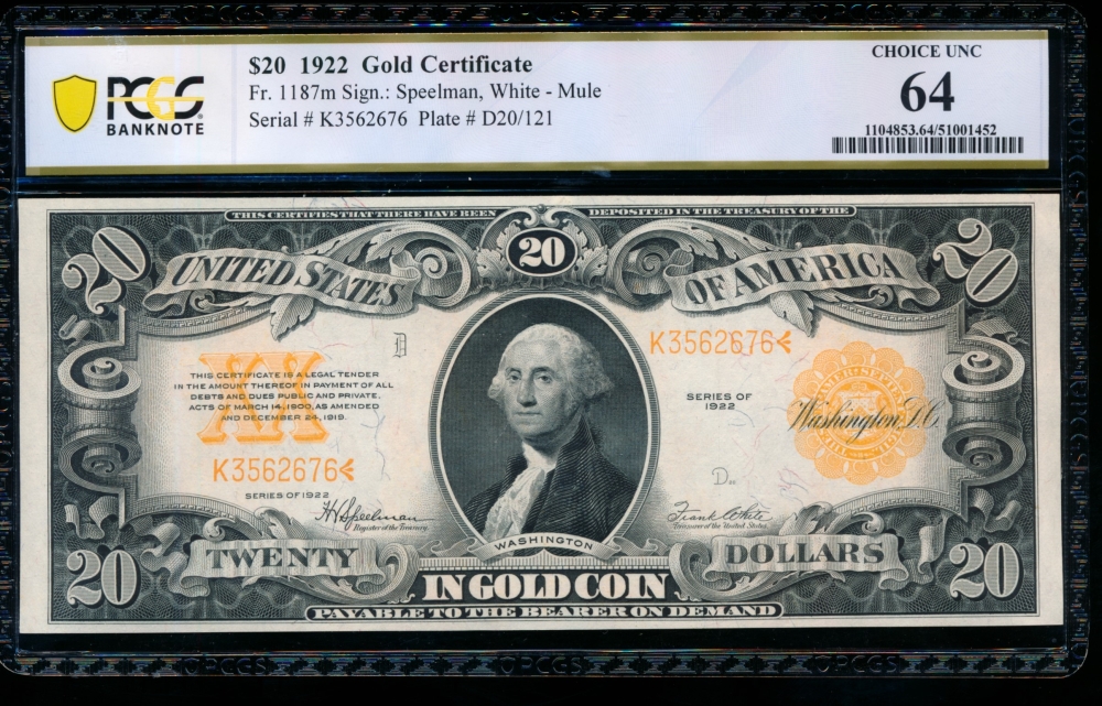 Fr. 1187 1922 $20  Gold Certificate mule PCGS 64 K3562676