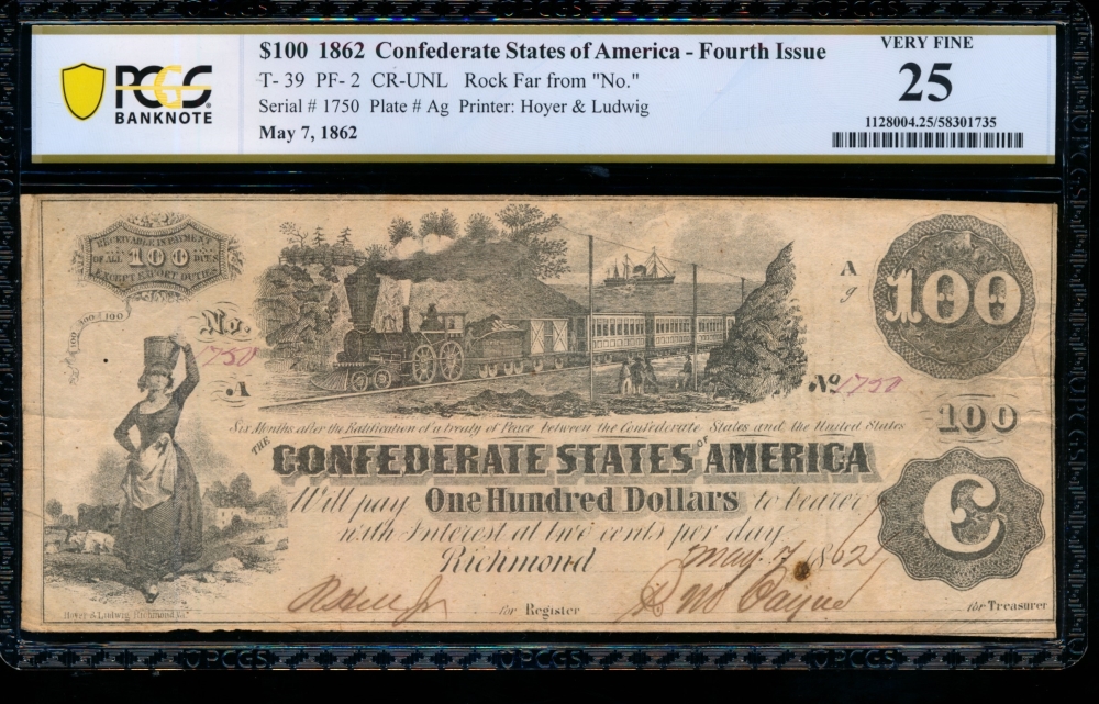 Fr. T-39 1862 $100  Confederate  PCGS 25 1750