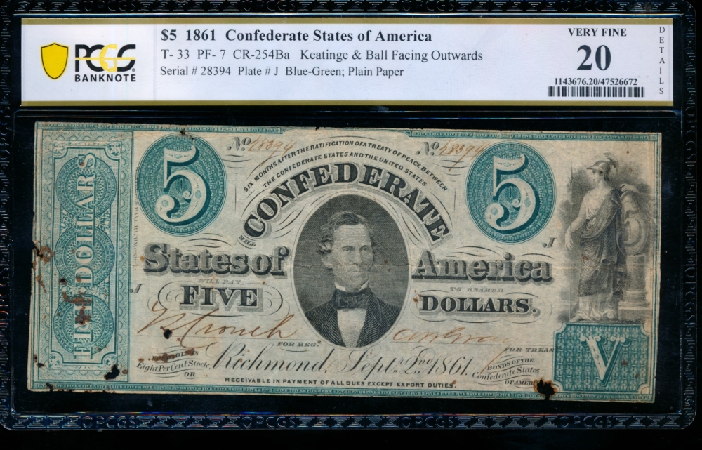 Fr. T-33 1861 $5  Confederate PF-7 PCGS 20 details 28394