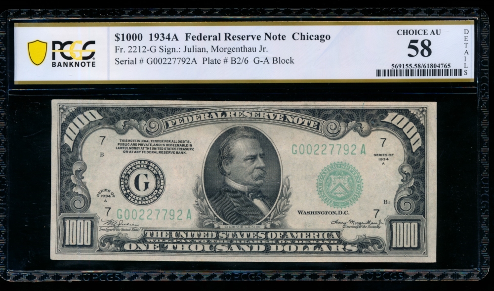 Fr. 2212-G 1934A $1,000  Federal Reserve Note Chicago PCGS 58 details G00227792A