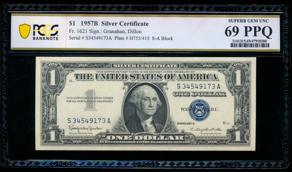 Fr. 1621 1957B $1  Silver Certificate SA block PCGS 69PPQ S34549173A