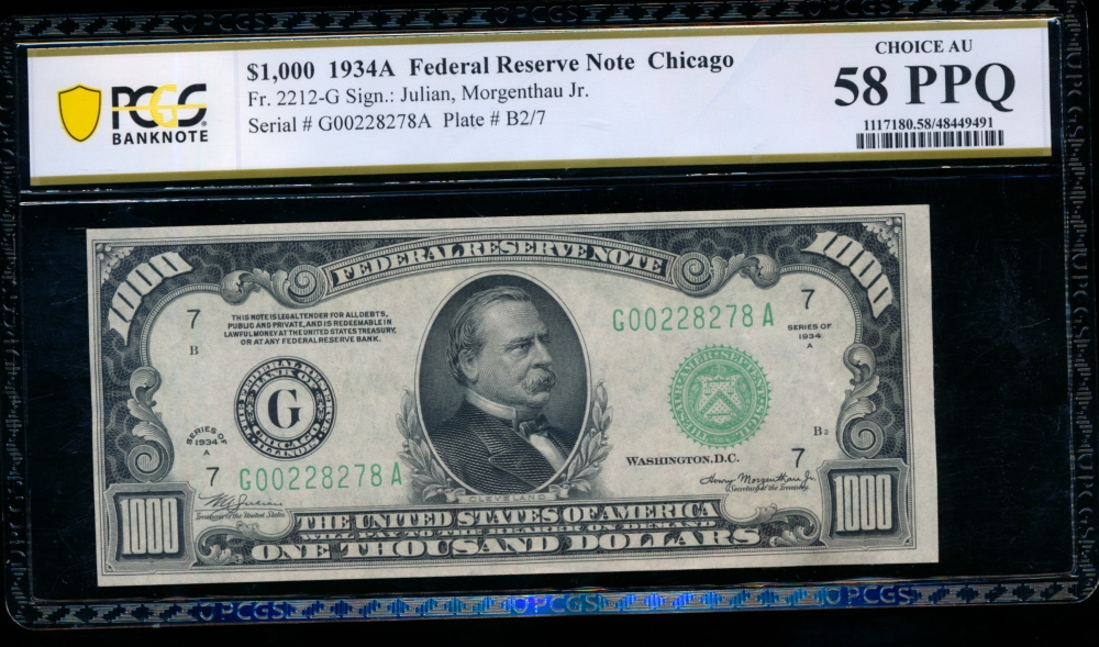 Fr. 2212-G 1934A $1,000  Federal Reserve Note Chicago PCGS 58PPQ G00228278A