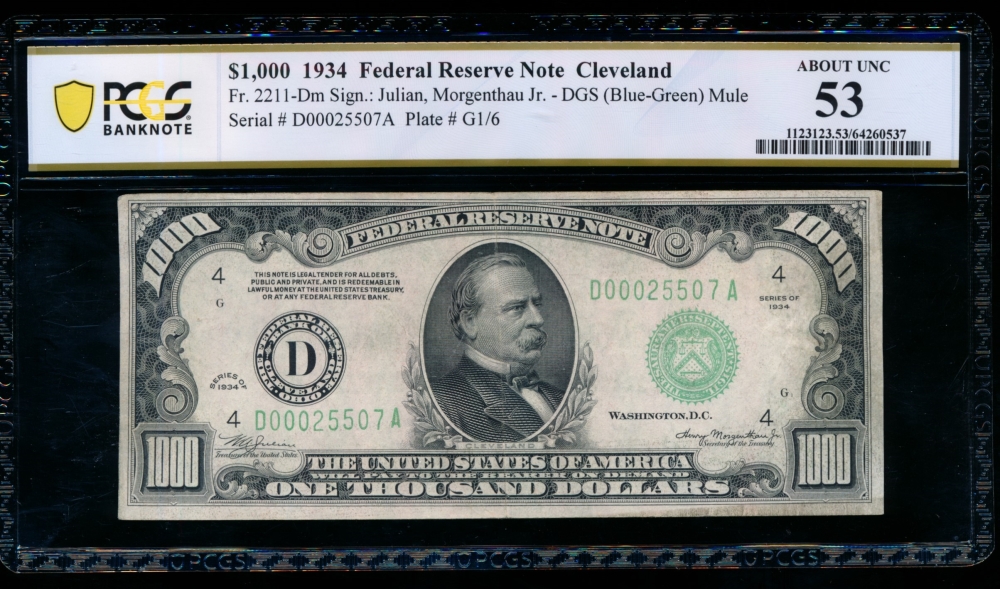 Fr. 2211-D 1934 $1,000  Federal Reserve Note Cleveland PCGS 53 D00025507A