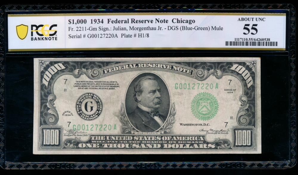 Fr. 2211-G 1934 $1,000  Federal Reserve Note Chicago PCGS 55 comment G00127220A