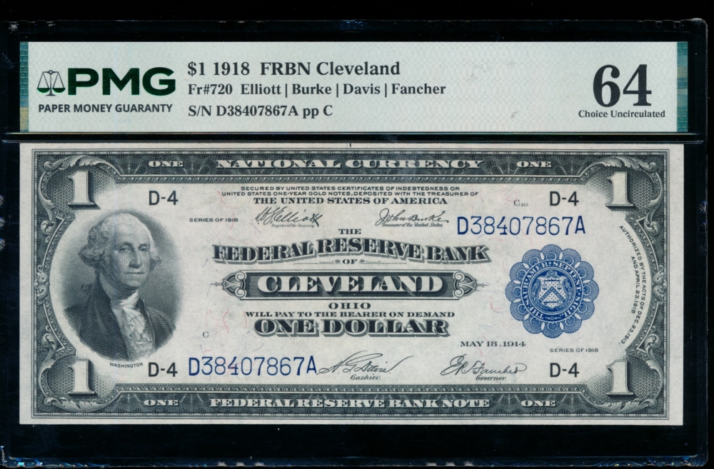 Fr. 720 1918 $1  FRBN Cleveland PMG 64 D38407867A