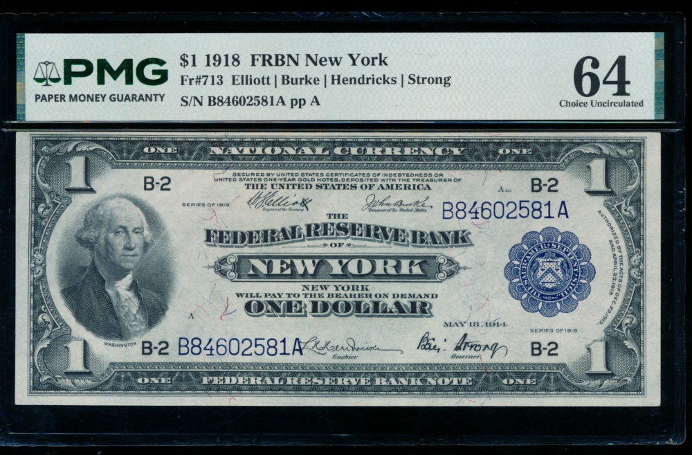 Fr. 713 1918 $1  FRBN New York PMG 64 B84602581A