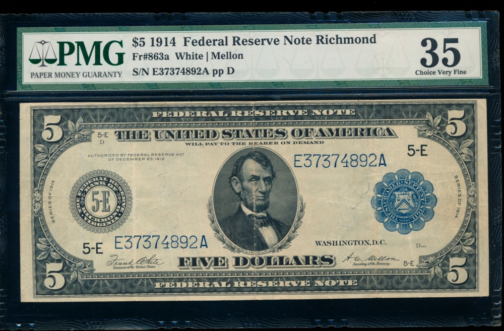 Fr. 863a 1914 $5  Federal Reserve Note  PMG 35 E37374892A