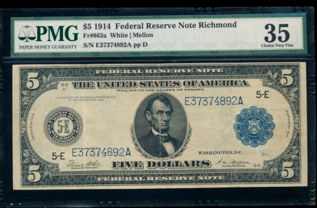 Fr. 863a 1914 $5  Federal Reserve Note  PMG 35 E37374892A