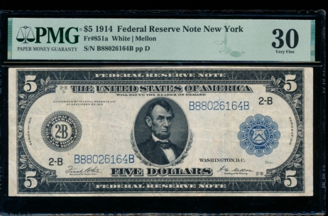 Fr. 851a 1914 $5  Federal Reserve Note New York PMG 30 B88026164B