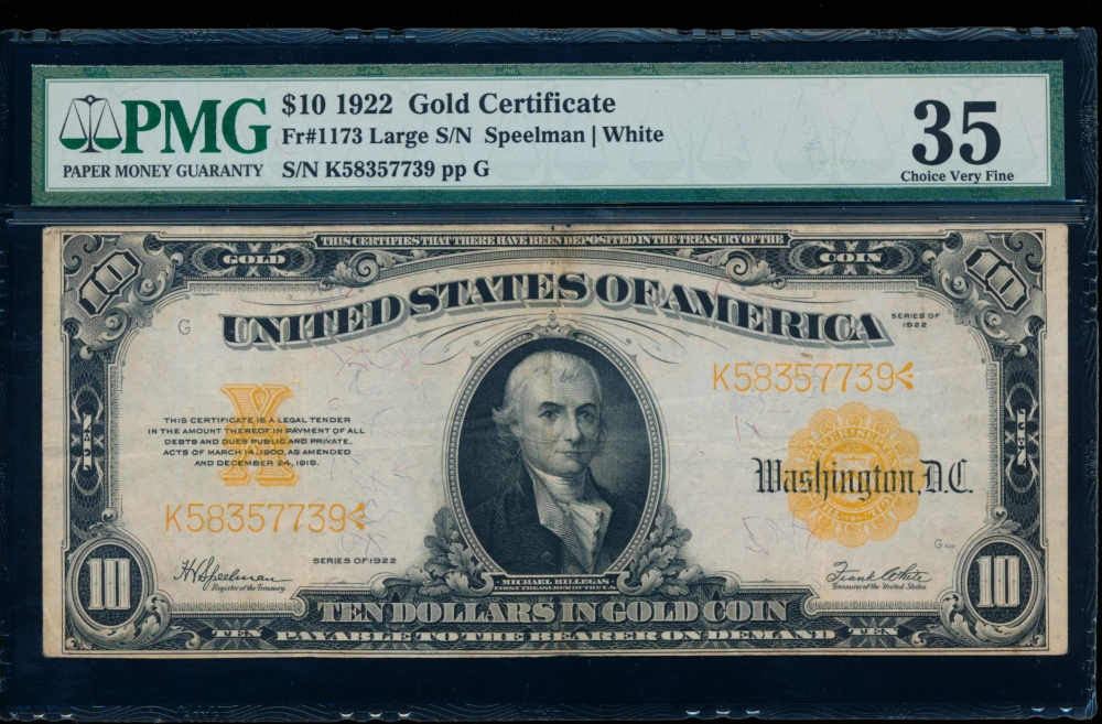Fr. 1173 1922 $10  Gold Certificate  PMG 35 K48357739