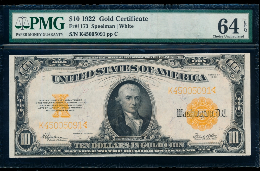 Fr. 1173 1922 $10  Gold Certificate  PMG 64EPQ K45005091