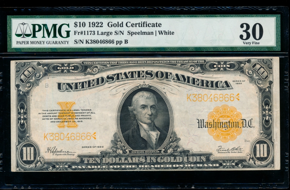 Fr. 1173 1922 $10  Gold Certificate  PMG 30 K38046866