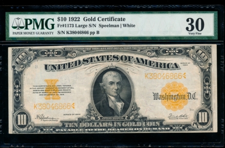 Fr. 1173 1922 $10  Gold Certificate  PMG 30 K38046866