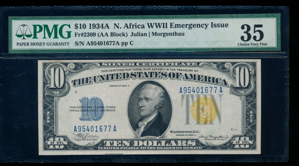 Fr. 2309 1934A $10  North Africa AA block PMG 35 A95401677A