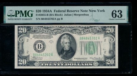 Fr. 2055-B 1934A $20  Federal Reserve Note New York PMG 63 B84845702A