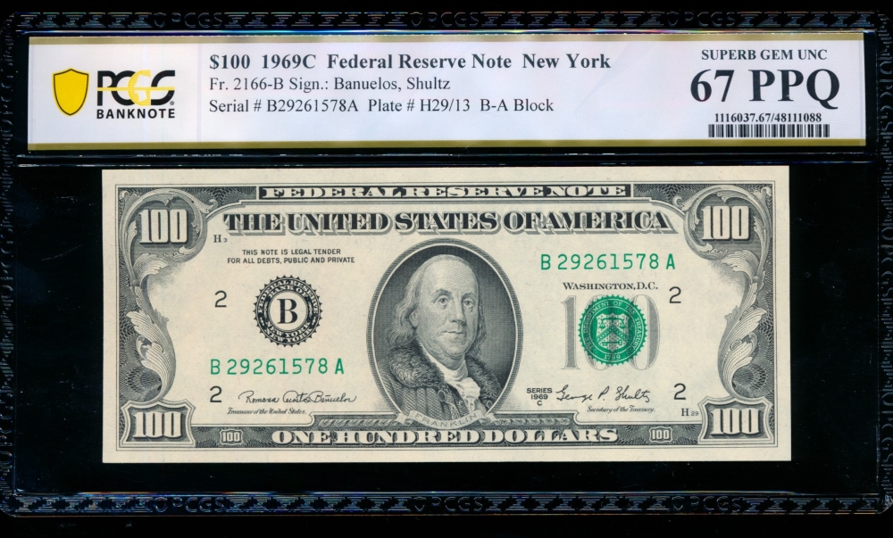 Fr. 2166-B 1969C $100  Federal Reserve Note New York PCGS 67PPQ B27261578A