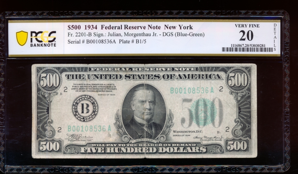 Fr. 2201-B 1934 $500  Federal Reserve Note New York PCGS 20 details B00108536A