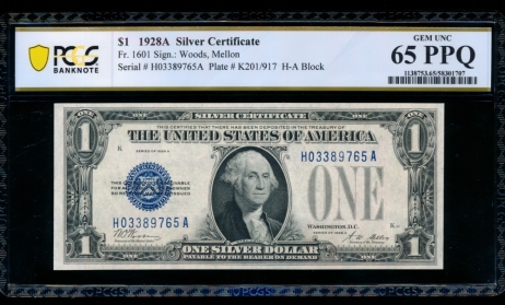 Fr. 1601 1928A $1  Silver Certificate HA block PCGS 65PPQ H03389765A
