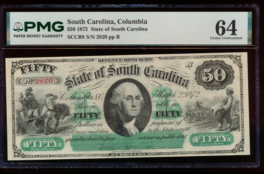 Fr. Cr SC-8 1872 $50  Obsolete State of South Carolina, Columbia, SC PMG 64 2820