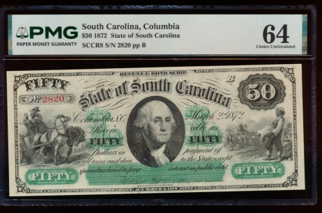 Fr. Cr SC-8 1872 $50  Obsolete State of South Carolina, Columbia, SC PMG 64 2820