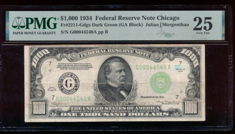 Fr. 2211-G 1934 $1,000  Federal Reserve Note Chicago PMG 25 comment G00044540A