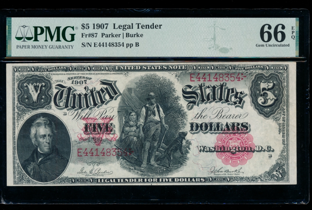 Fr. 87 1907 $5  Legal Tender  PMG 66EPQ E441483554