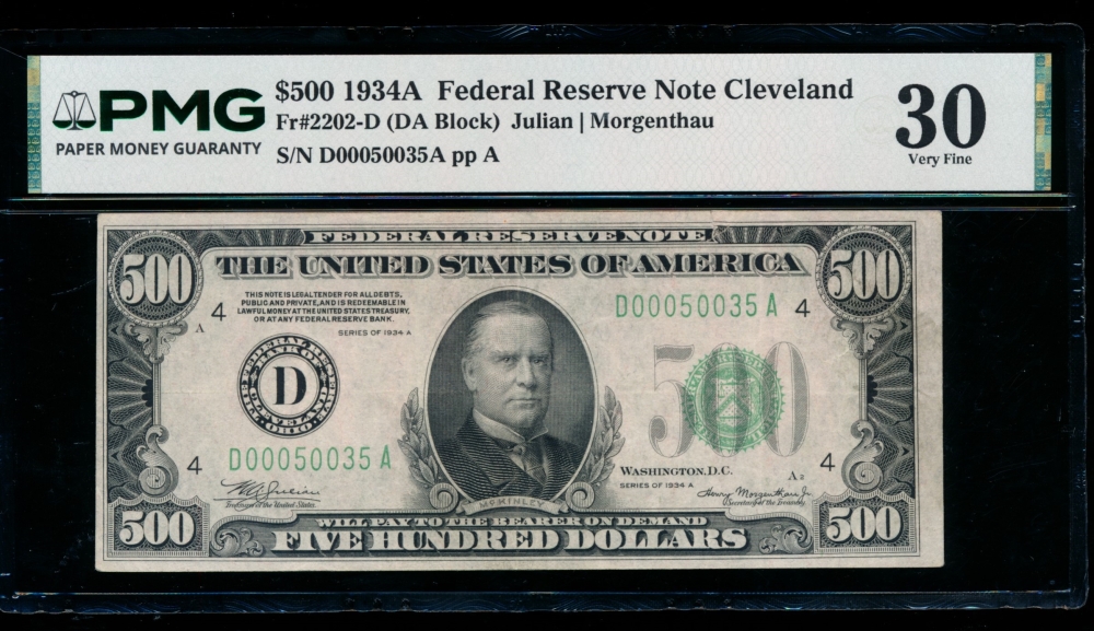 Fr. 2202-D 1934A $500  Federal Reserve Note Cleveland PMG 30 comment D00050035A