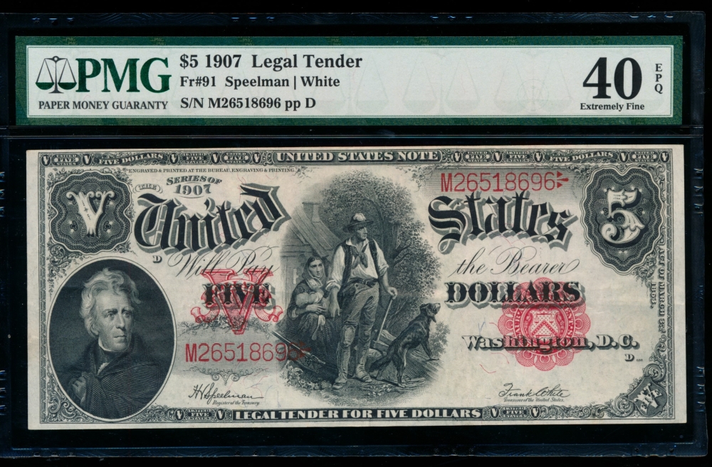 Fr. 91 1907 $5  Legal Tender  PMG 40EPQ M26518696