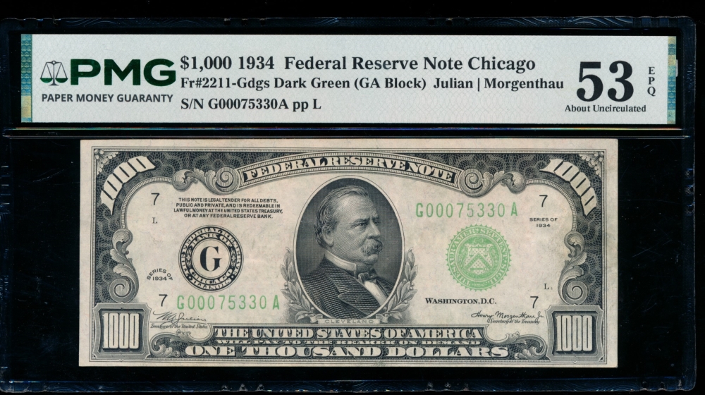 Fr. 2211-G 1934 $1,000  Federal Reserve Note Chicago PMG 53EPQ G00075330A