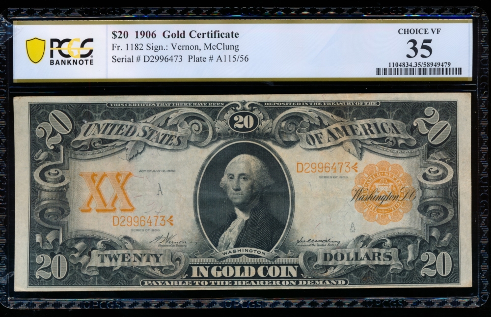 Fr. 1182 1906 $20  Gold Certificate  PCGS 35 comment D2996473