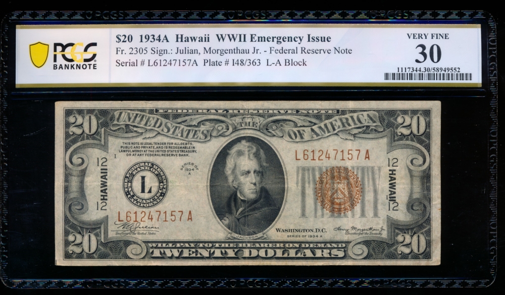 Fr. 2305 1934A $20  Hawaii non-mule PCGS 30 L61247157A