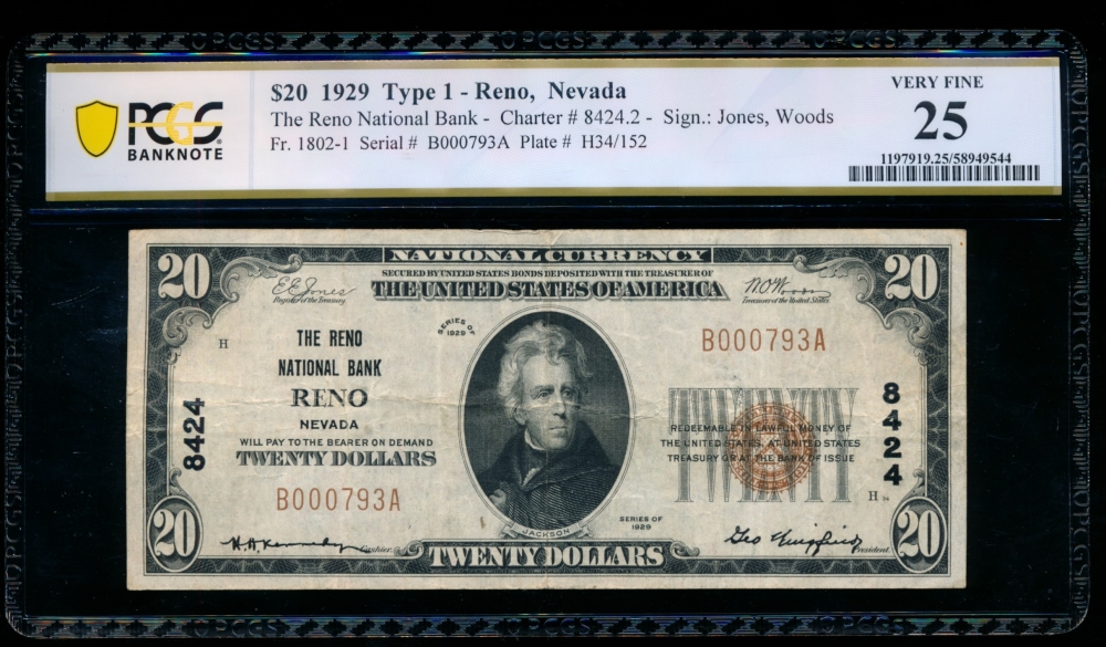 Fr. 1802-1 1929 $20  National: Type I Ch #8424 The Reno National Bank Reno, Nevada PCGS 25 details B000793A