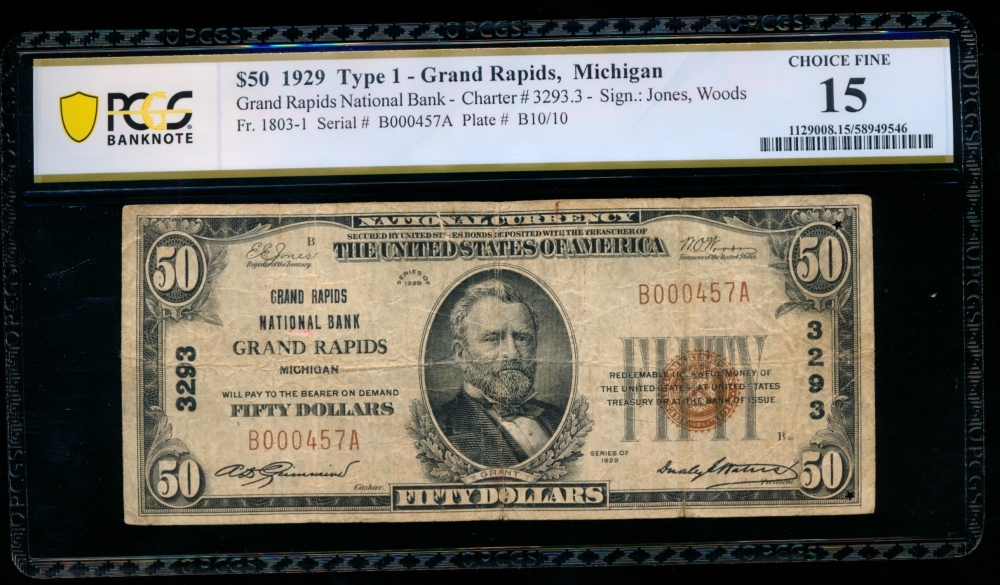 Fr. 1803-1 1929 $50  National: Type I Ch #3293 Grand Rapids National Bank Grand Rapids, Michigan PCGS 15 comment B000457A