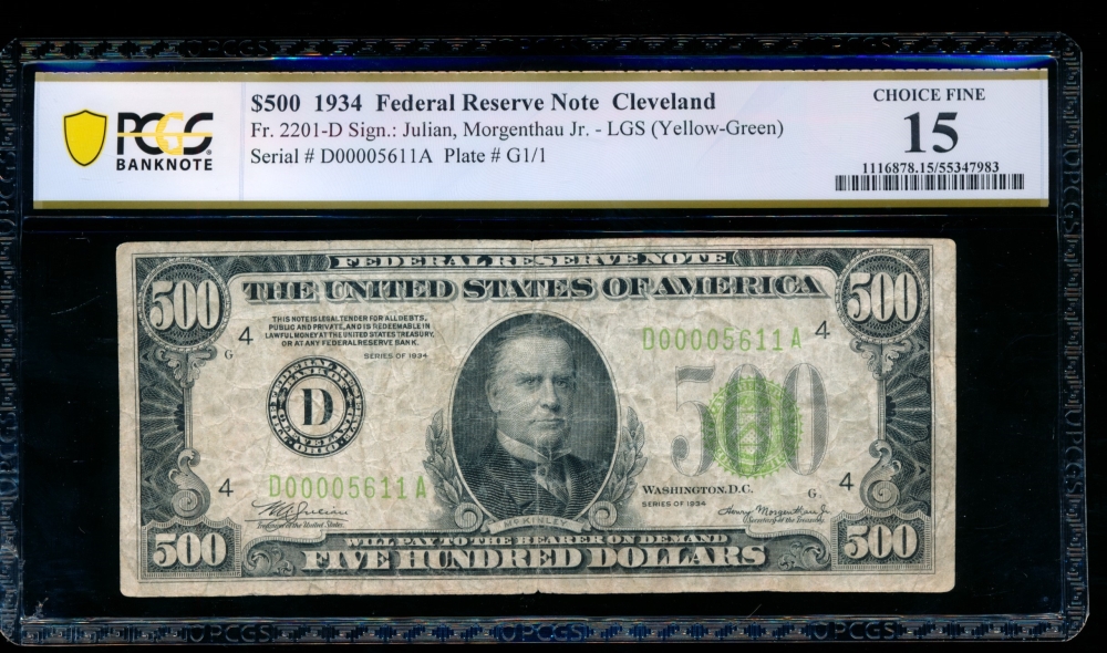 Fr. 2201-D 1934 $500  Federal Reserve Note Cleveland LGS PCGS 15 comment D00005611