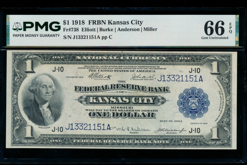 Fr. 738 1918 $1  FRBN Kansas City PMG 66EPQ J13321151A