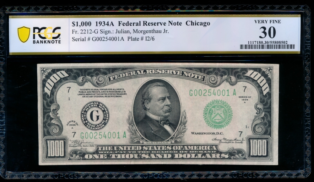 Fr. 2212-G 1934A $1,000  Federal Reserve Note Chicago PCGS 30 G00254001A