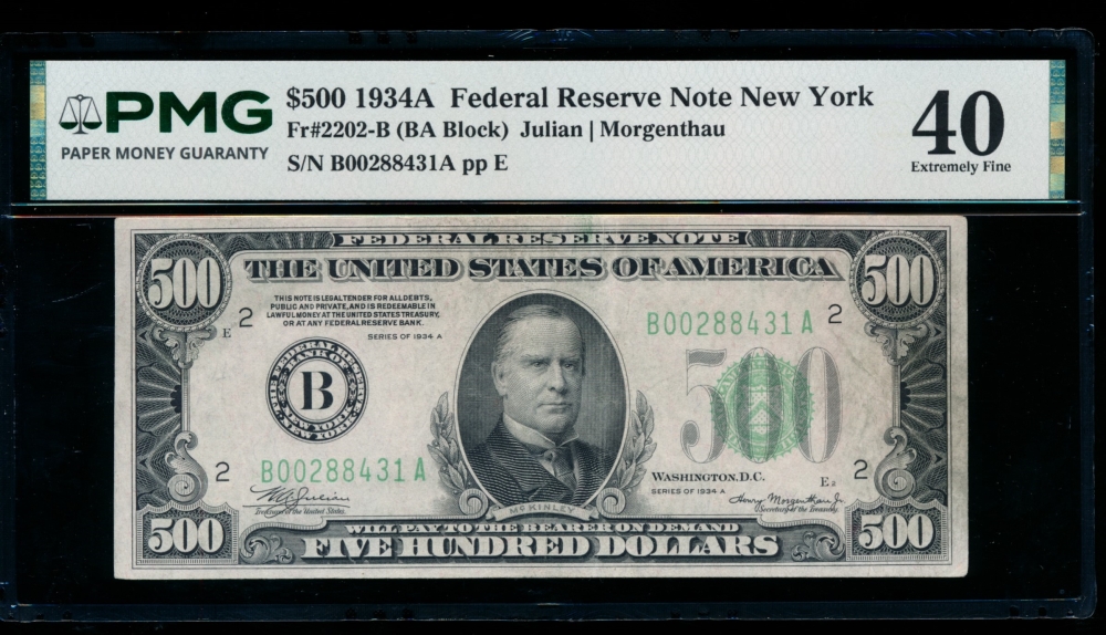 Fr. 2202-B 1934A $500  Federal Reserve Note New York PMG 40 B00288431A