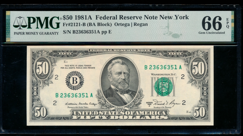 Fr. 2121-B 1981A $50  Federal Reserve Note New York PMG 66EPQ B23636351A