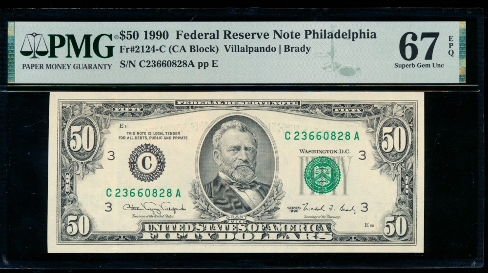 Fr. 2124-C 1990 $50  Federal Reserve Note Philadelphia PMG 67EPQ C23660828A