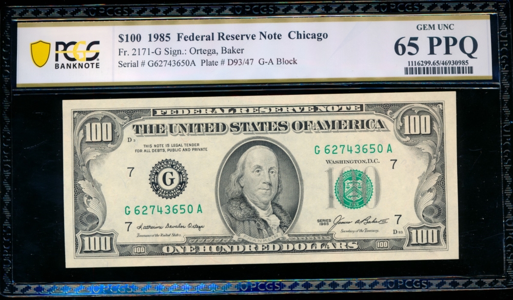 Fr. 2171-G 1985 $100  Federal Reserve Note Chicago PCGS 65PPQ G62743650A
