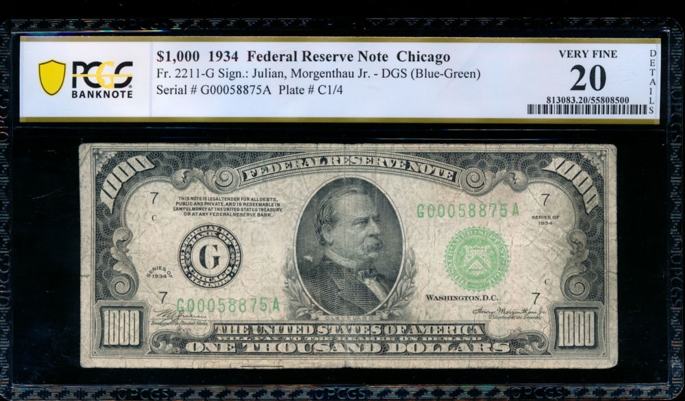 Fr. 2211-G 1934 $1,000  Federal Reserve Note Chicago PCGS 20 details G00058875A