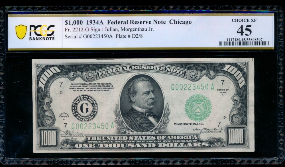 Fr. 2212-G 1934A $1,000  Federal Reserve Note Chicago PCGS 45 G00223450A