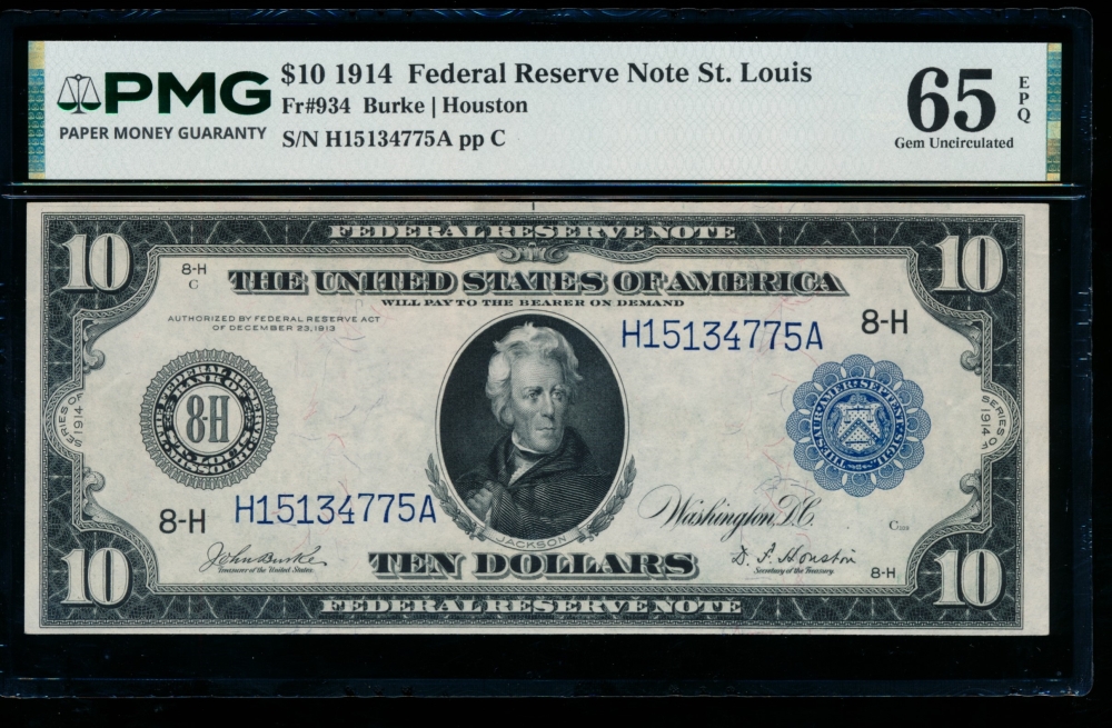 Fr. 934 1914 $10  Federal Reserve Note Saint Louis PMG 65EPQ H15134775A