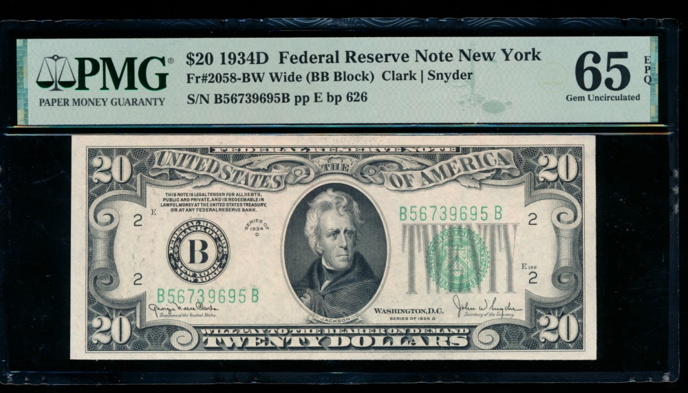 Fr. 2058-B 1934D $20  Federal Reserve Note Wide, BB block PMG 65EPQ B56739695B